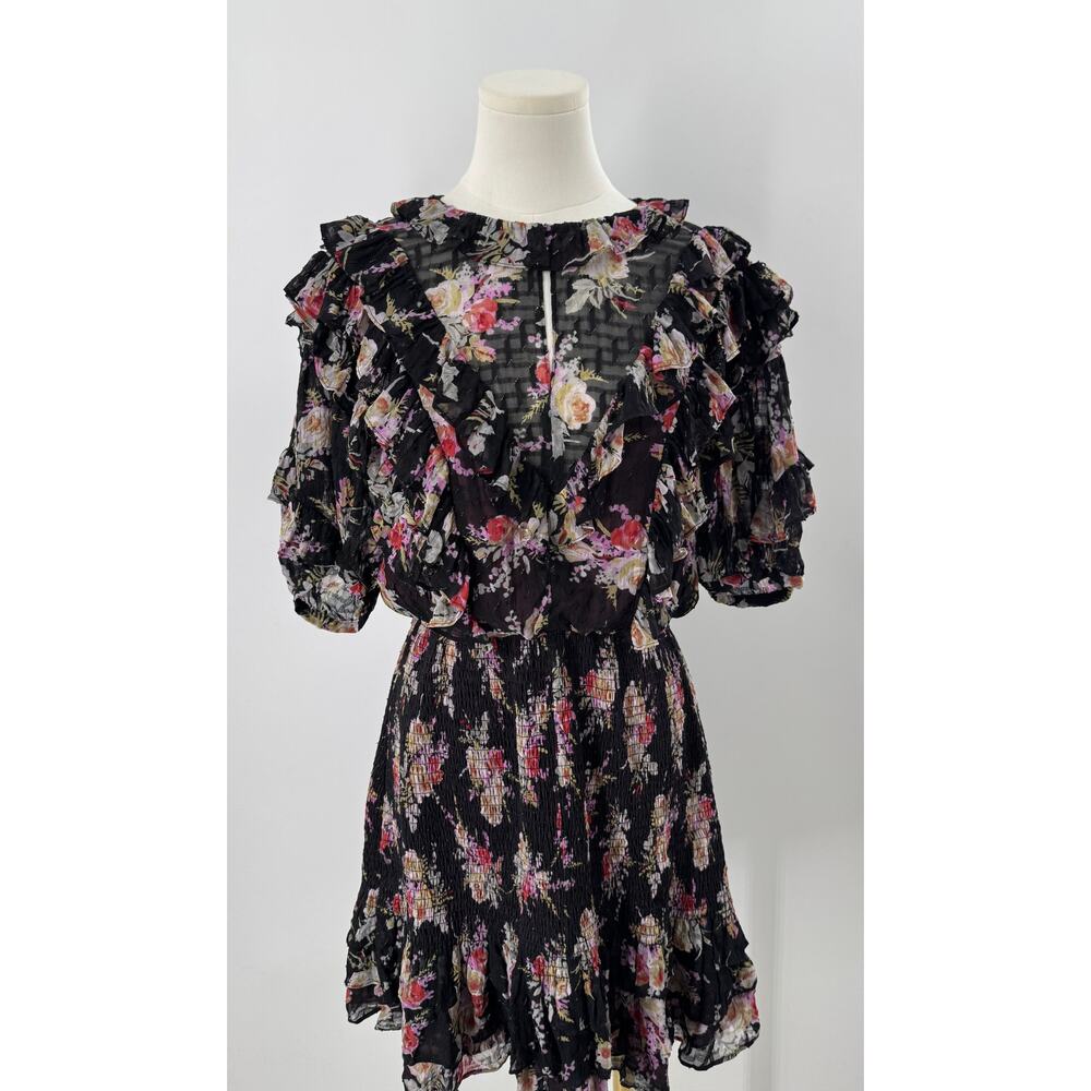 Rebecca Taylor Bouquet Dress Smocked Black Floral Ruffle Silk Mini Small